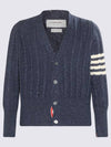 Donegal Twist Cable 4 Bar Classic V Neck Cardigan Blue - THOM BROWNE - BALAAN 3