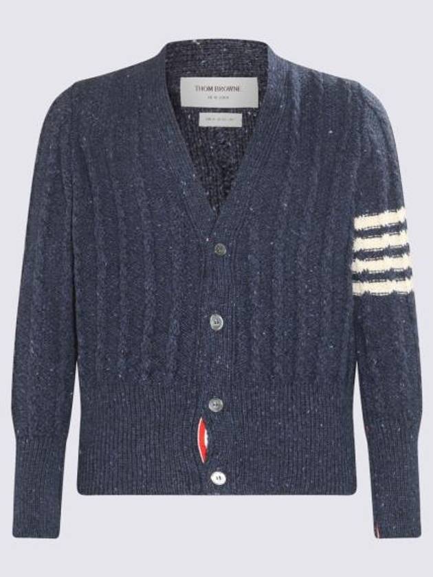 Donegal Twist Cable 4 Bar Classic V Neck Cardigan Blue - THOM BROWNE - BALAAN 3