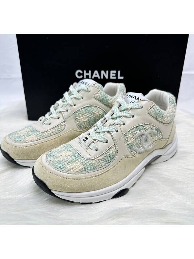 CC Logo Cotton Tweed Suede Calfskin Low Top Sneakers Light Blue Ecru - CHANEL - BALAAN 5