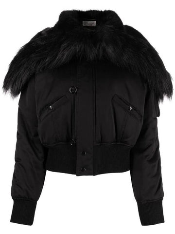 Satin Animal Free Fur Bomber Jacket Black - SAINT LAURENT - BALAAN 1