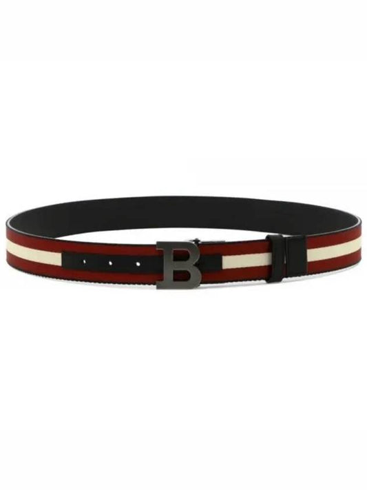 Men's B Buckle Reversible Striped Belt Red Black - BALLY - BALAAN.