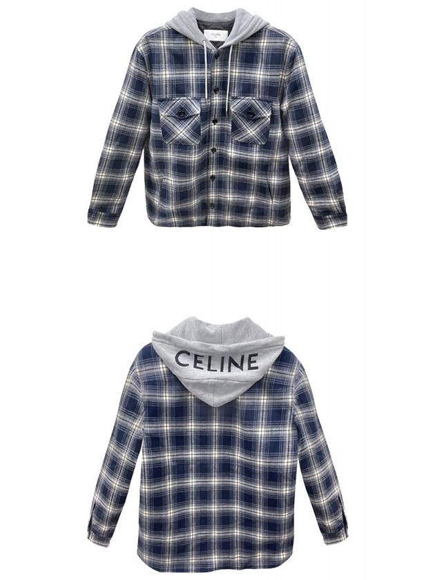 Check Cotton Hooded Oversized Shirt Jacket Navy - CELINE - BALAAN 5