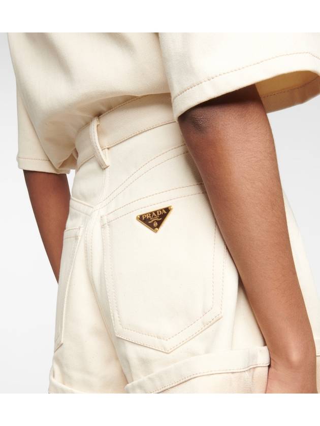 Back Logo Plaque Cotton Denim Shorts Beige - PRADA - BALAAN 5