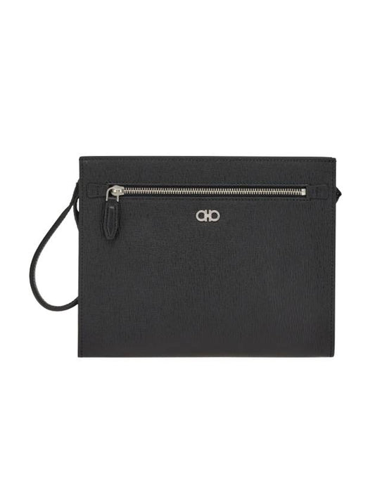 Men's Gancini Logo Leather Clutch Bag Black - SALVATORE FERRAGAMO - BALAAN.