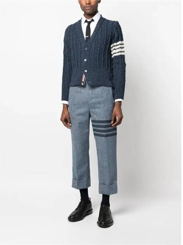 Donegal Twist Cable 4 Bar Classic V Neck Cardigan Blue - THOM BROWNE - BALAAN 3