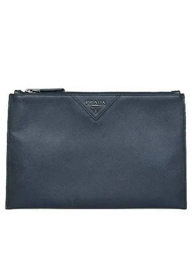 2NG05V Silver Logo Navy Color Saffiano Pouch and Clutch - PRADA - BALAAN 1