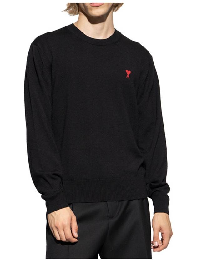 Heart Embroidered Logo Crew Neck Knit Top Black - AMI - BALAAN 3