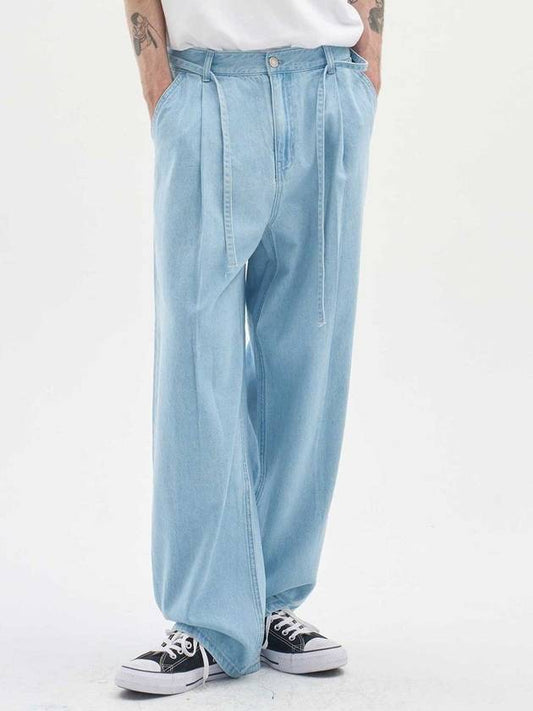 Cotton One Tuck Bleached Denim Wide Jeans Blue - BLONDNINE - BALAAN 2
