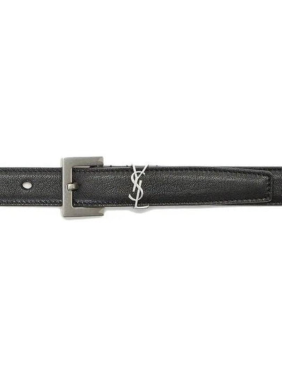 Men's Monogram Silver Buckle Leather Belt Black - SAINT LAURENT - BALAAN 2