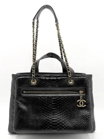 A92975 Black Quilted Calf Leather Python Pocket Vintage Gold Chain Tote and Shoulder Bag - CHANEL - BALAAN 1