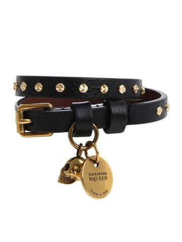 Double Wrap Gold Stud Skull Bracelet Black - ALEXANDER MCQUEEN - BALAAN 1