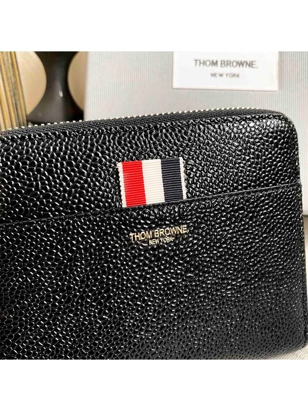 Three Stripes Pebble Grain Zipper Round Half Wallet Black - THOM BROWNE - BALAAN 4