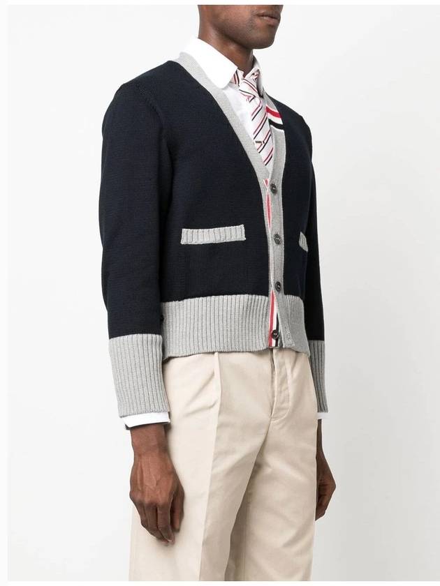 THOM BROWNE Three Stripe V Neck Cotton Cardigan Navy MKC466A Y3017 415 - THOM BROWNE - BALAAN