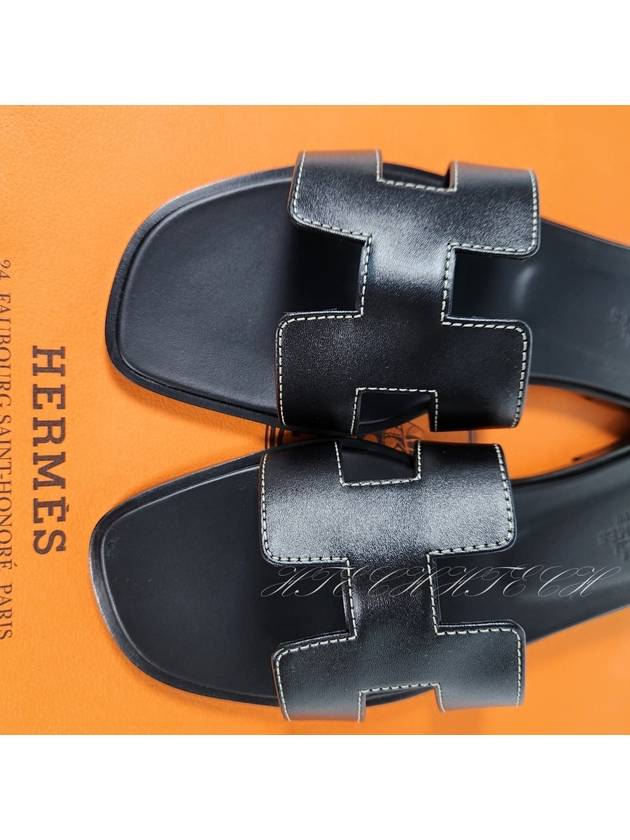 Oran Calfskin Slippers Noir Piqures Ecrues Black - HERMES - BALAAN 6