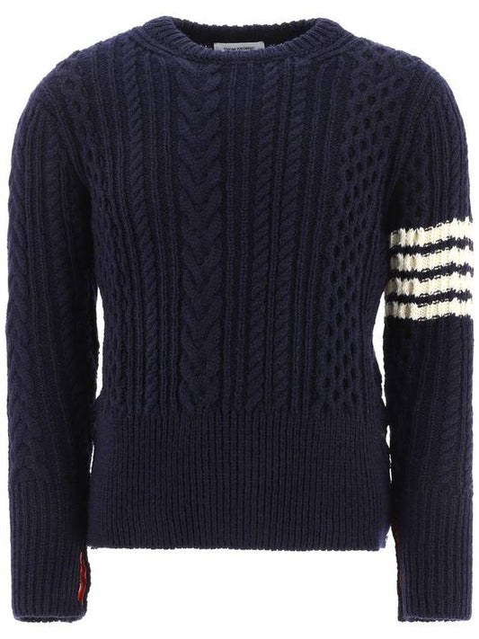 Men's Aran Cable Diagonal Pullover Knit Top Navy - THOM BROWNE - BALAAN.