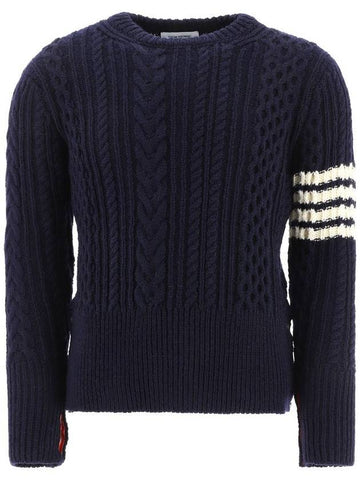 4-Bar Aran Cable Pullover Knit Top Navy - THOM BROWNE - BALAAN 1