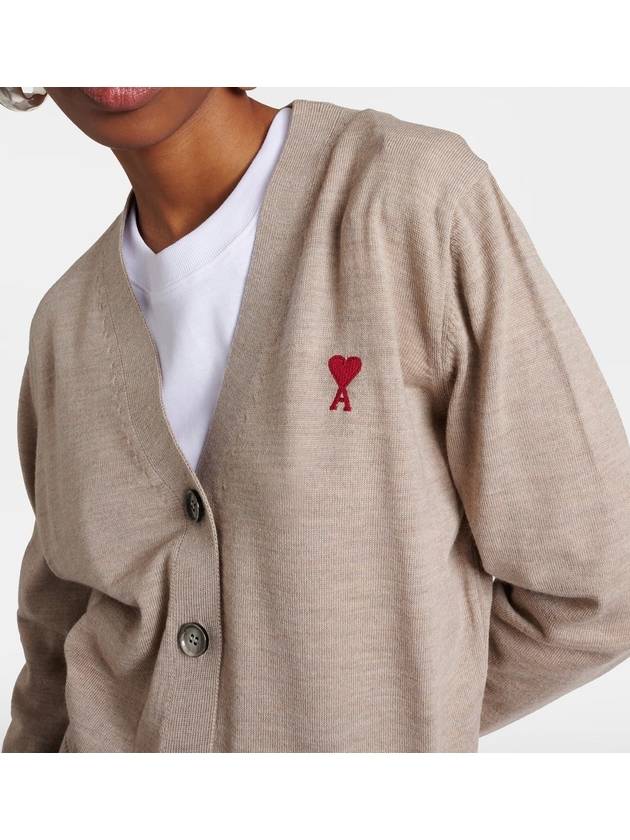 Women s heart embroidery logo V neck merino wool cardigan beige FKC111 KN0025 271 - AMI - BALAAN 2