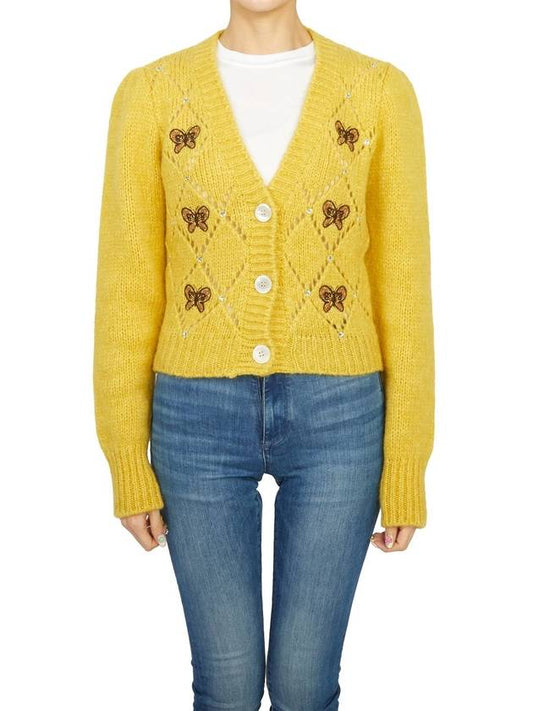 Embroidered Butterfly Pointel Alpaca Cardigan Yellow - ALESSANDRA RICH - BALAAN 2