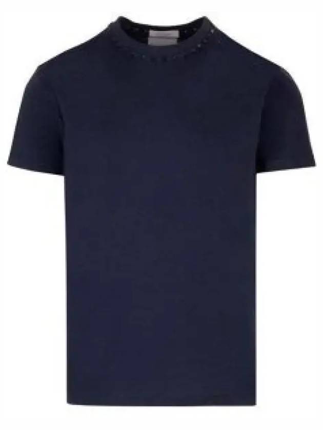 Rockstud Neckline Short Sleeve T-Shirt Navy - VALENTINO - BALAAN 2