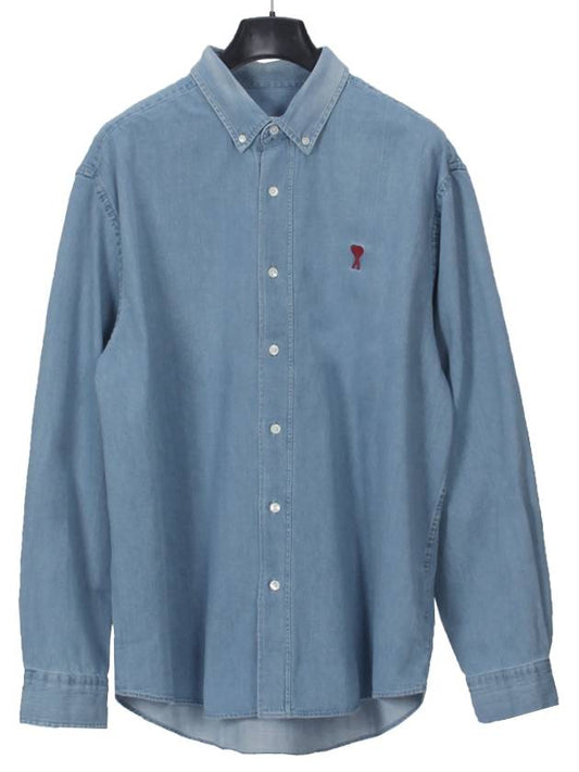 Embroidered Heart Logo Denim Long Sleeve Shirt Blue - AMI - BALAAN 2