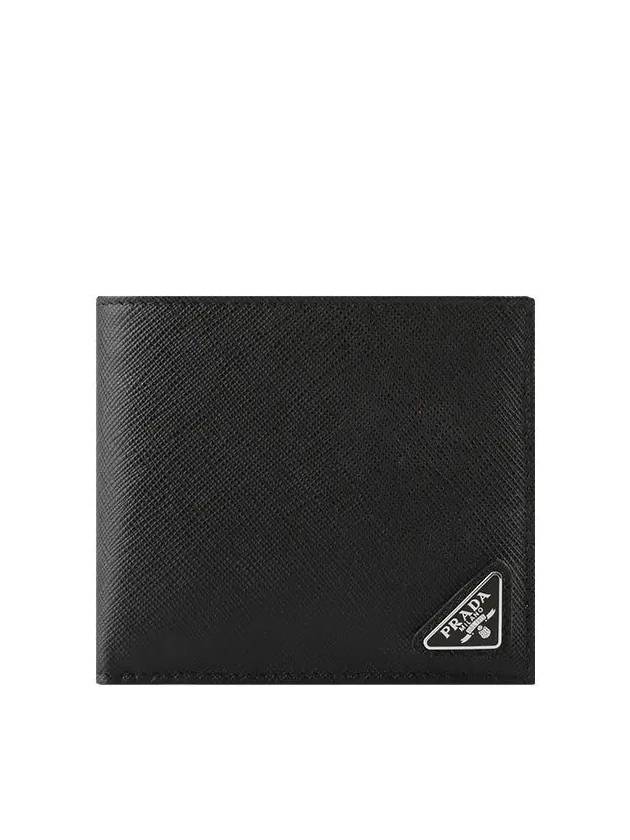 Triangle Logo Saffiano Half Wallet Black - PRADA - BALAAN 3