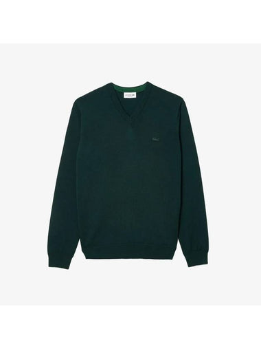 Logo Patch V-neck Merino Wool Knit Top Dark Green - LACOSTE - BALAAN 1