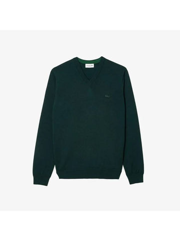 Logo Patch V-neck Merino Wool Knit Top Dark Green - LACOSTE - BALAAN 1