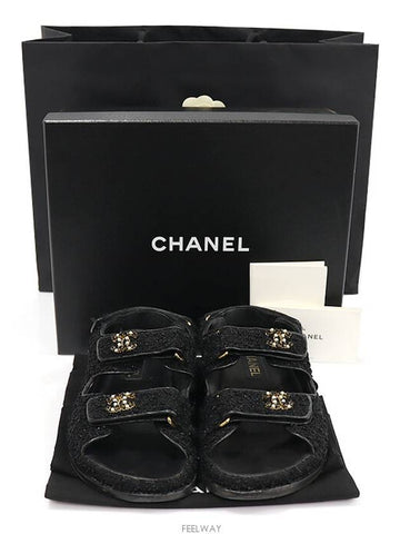 G35927 Black Cotton Tweed Calfskin Pearl CC Logo Velcro Strap Women s Sandals 37 - CHANEL - BALAAN 1