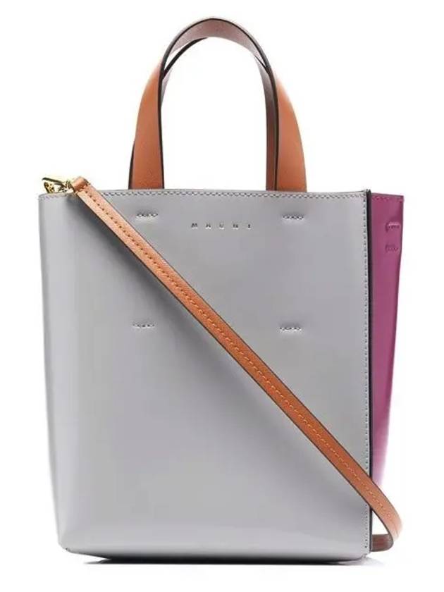 Color Block Logo Print Leather Tote Bag Grey - MARNI - BALAAN 2