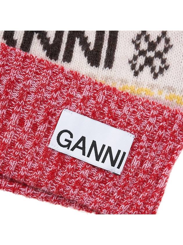 Logo Graphic Intarsia Knit Beanie Red - GANNI - BALAAN 7