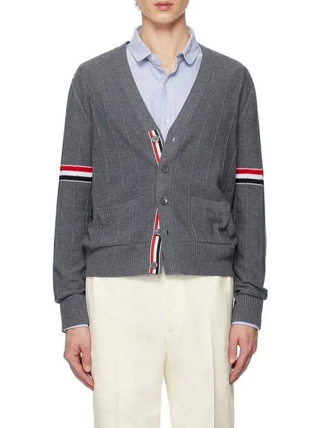 RWB V-neck Striped Virgin Wool Cardigan Grey - THOM BROWNE - BALAAN 2