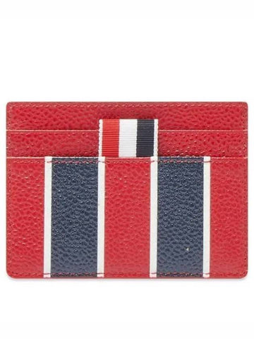 Striped Pebble Grain Leather Single Card Wallet Red - THOM BROWNE - BALAAN 1