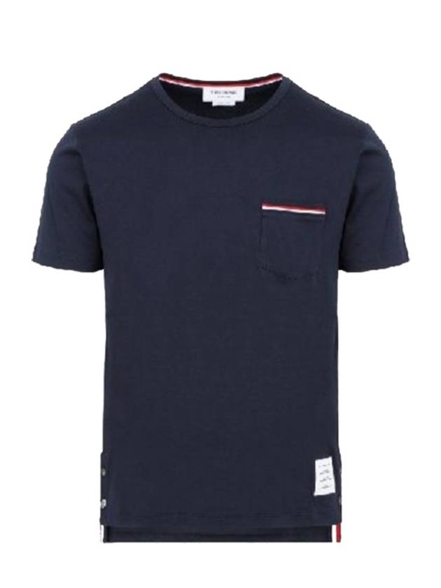 Men's Medium Weight Jersey Tipped Pocket Crewneck Short Short Sleeve T-Shirt Navy - THOM BROWNE - BALAAN 3