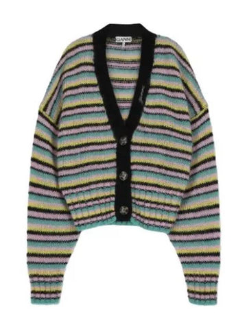 Logo V neck striped cardigan multi color - GANNI - BALAAN 1