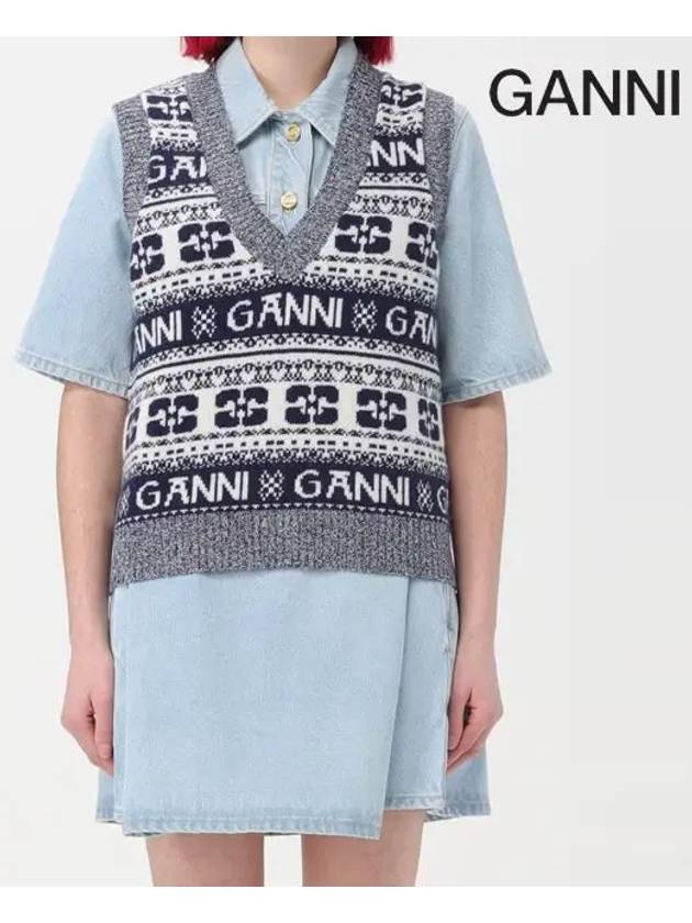 Logo Wool Mix Vest Knit Top Sky Captain - GANNI - BALAAN 9