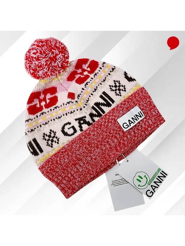 logo graphic intarsia knit beanie red - GANNI - BALAAN.