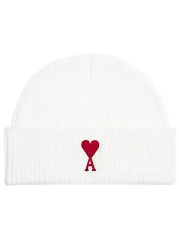 Heart embroidered wool beanie white red hat 271872 - AMI - BALAAN 1