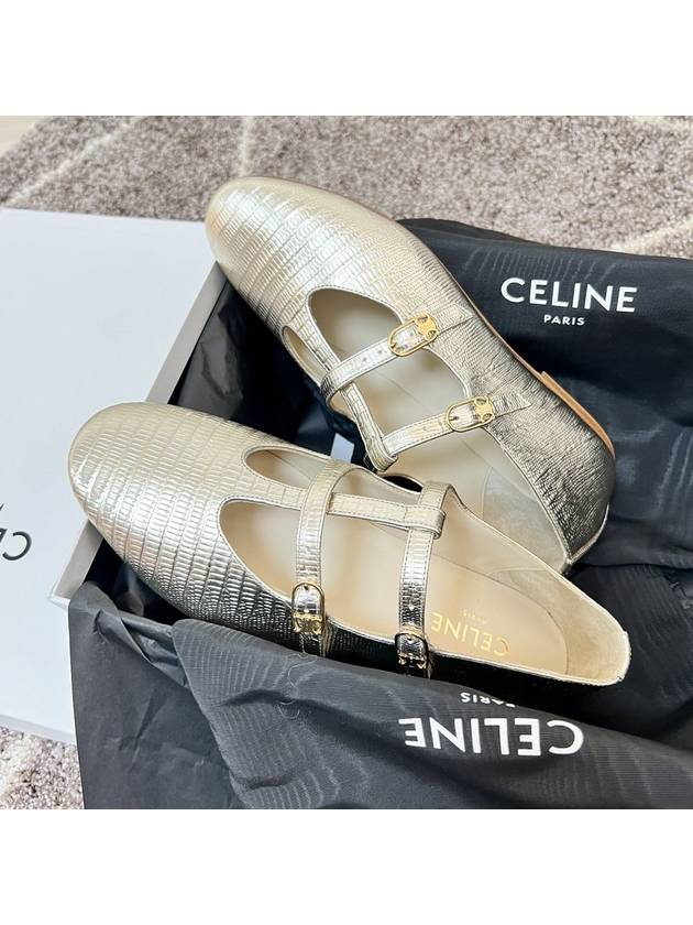 Les Double Strap Lizard Stamping Metallic Calfskin Ballerinas Silver - CELINE - BALAAN 4