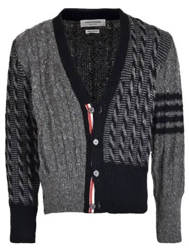 Funmix Donnyroll Cable 4 Bar V-Neck Cardigan Medium Grey - THOM BROWNE - BALAAN 2