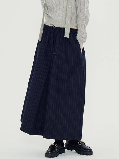 Women's Striped Wool Flare A-Line Skirt Navy - METAPHER - BALAAN 1