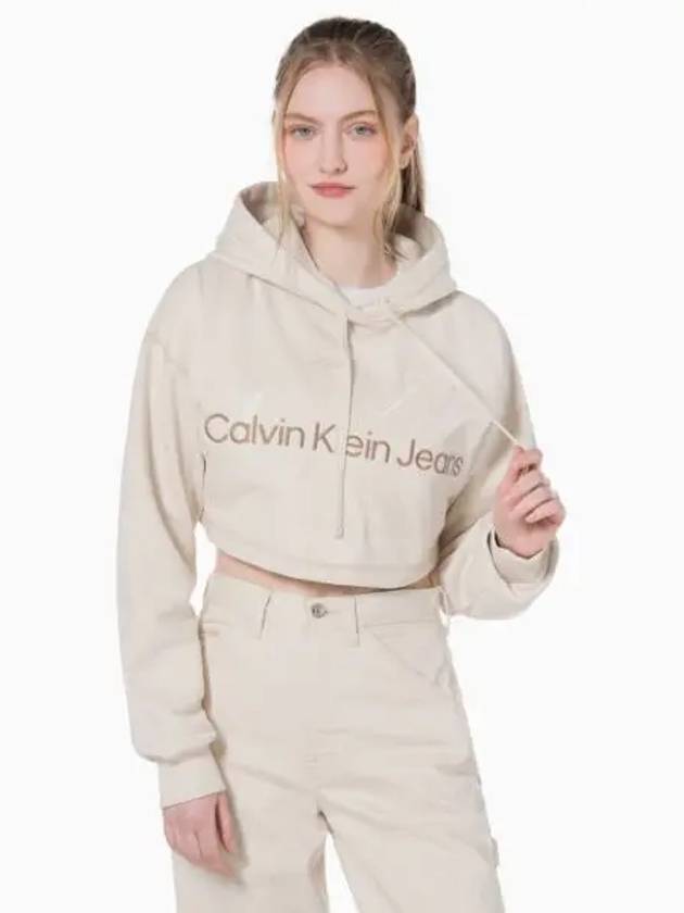 JEANS Women s Ivory Hero Monologo Short Hoodie J222540 YBI - CALVIN KLEIN - BALAAN 1