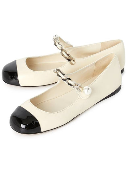 Metal Chain Pearl Leather Ballerinas Ivory Black - MIU MIU - BALAAN 2