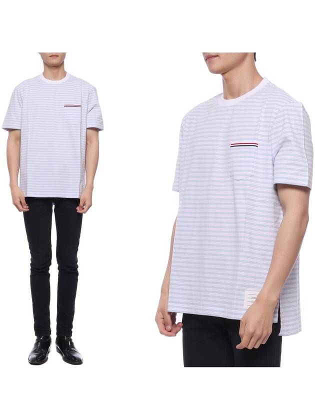 Striped Jersey Pocket Short Sleeve T-Shirt Light Blue White - THOM BROWNE - BALAAN 3