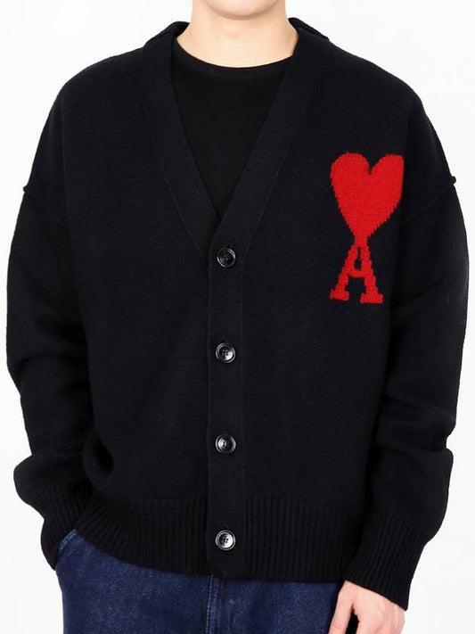 Heart Logo V Neck Wool Cardigan Black - AMI - BALAAN 2