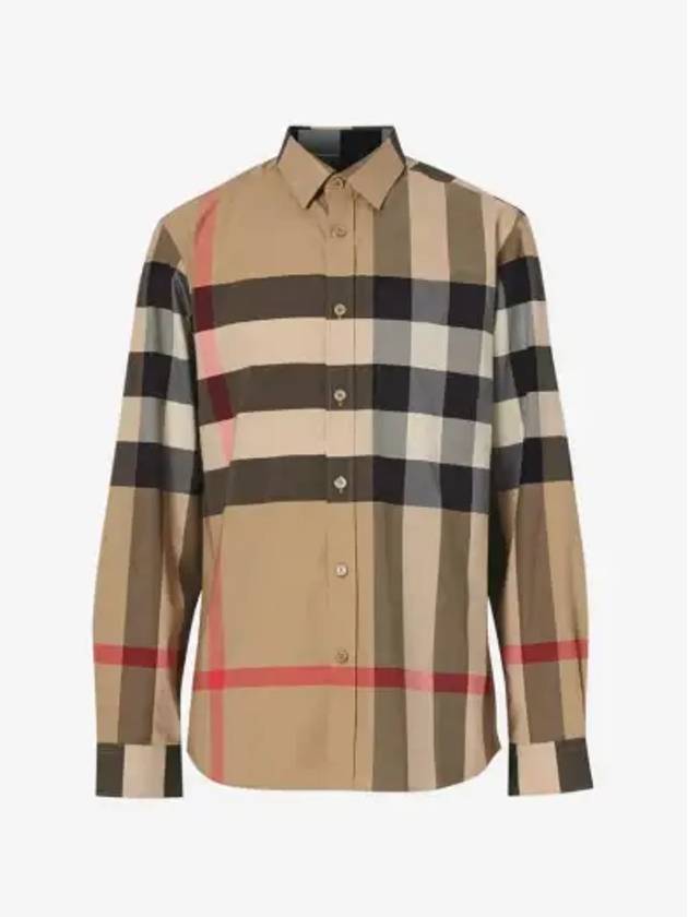 Check Stretch Cotton Poplin Long Sleeve Shirt Beige - BURBERRY - BALAAN 3