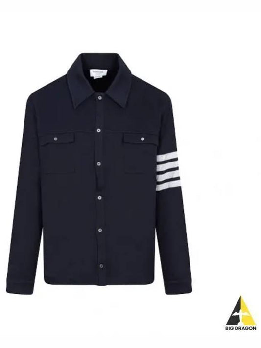 Double Face Cotton Knit 4 Bar Button Shirt Jacket Navy - THOM BROWNE - BALAAN