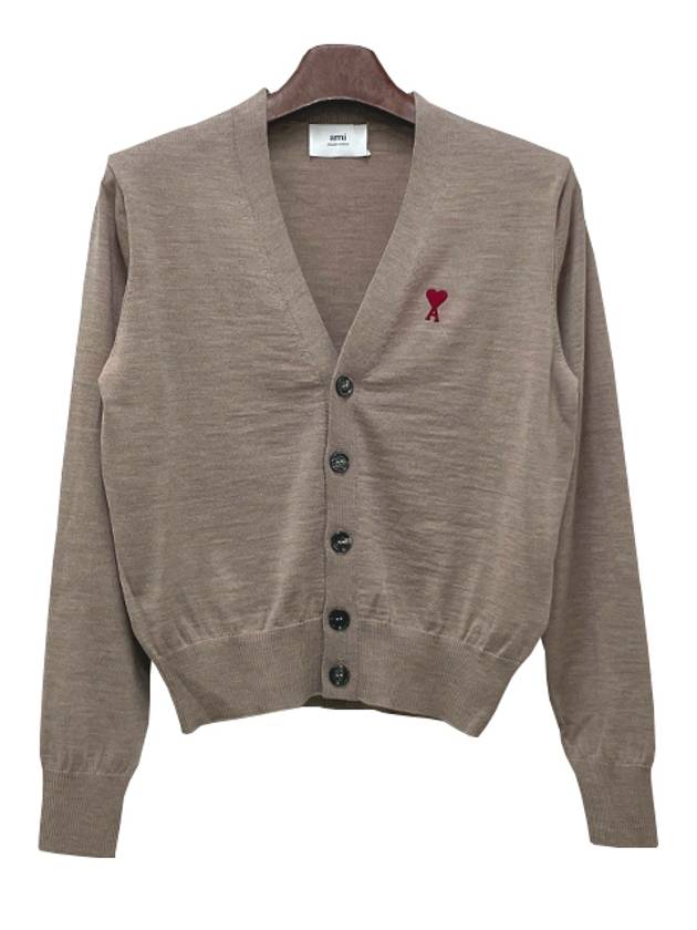 Red Heart Logo Merino Wool Cardigan Beige - AMI - BALAAN 3