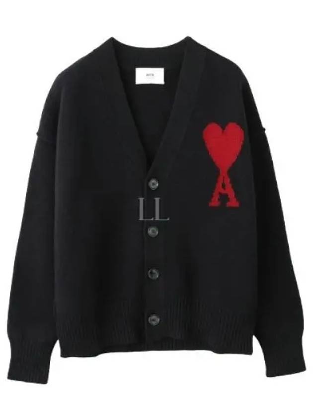 Heart Logo V Neck Wool Cardigan Black - AMI - BALAAN 2