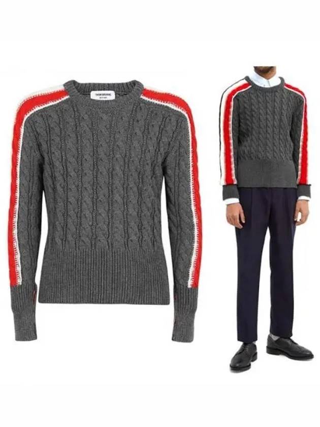 Men's Three Stripes Merino Wool Cable Knit Top Grey - THOM BROWNE - BALAAN 2