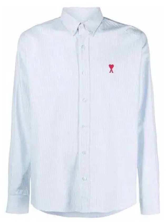 Men's Heart Logo Striped Button Down Long Sleeve Shirt SKy Blue - AMI - BALAAN 2